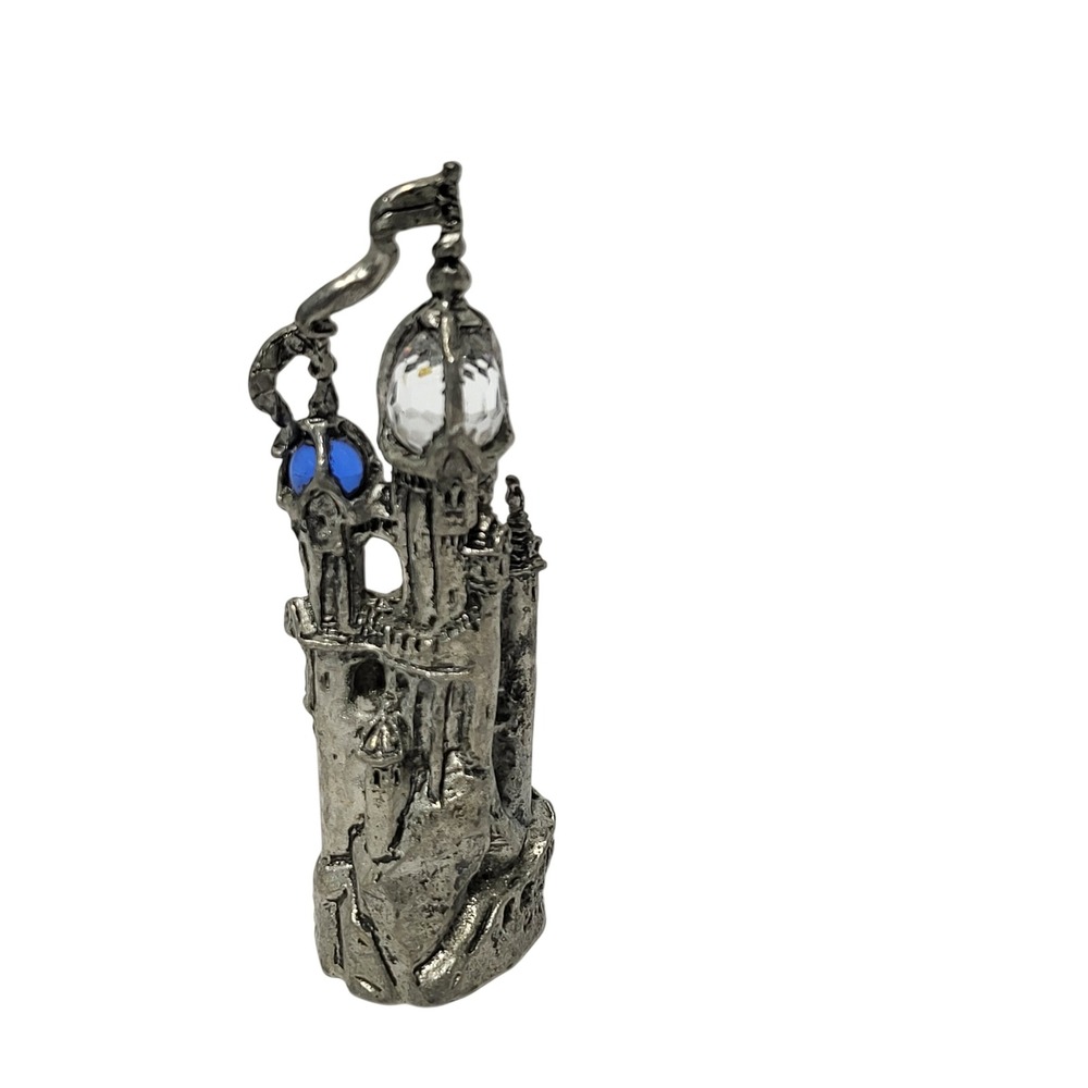 Vintage Pewter Fantasy Castle Figurine with Blue and Clear Crystal Accents 3.75"